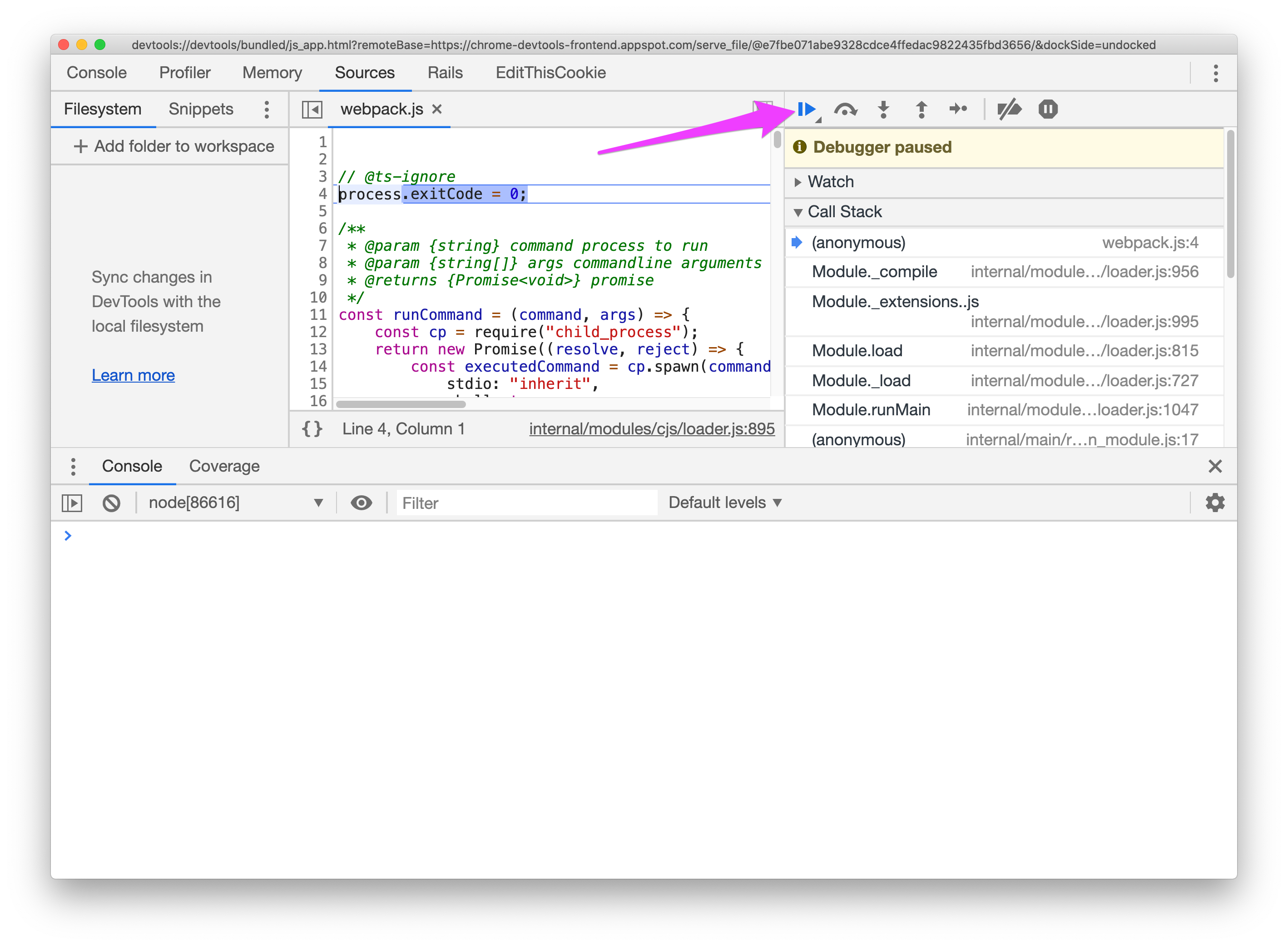Screenshot of Chrome DevTools debugger start